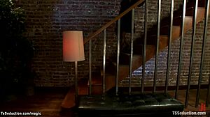 Shemale blackmails courier, then dominates with anal and blowjob