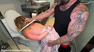 blonde gets her face fucked first on the toilet seat