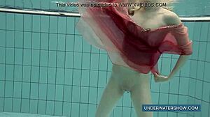 Katya Okuneva in Red Dress Teases by Pool