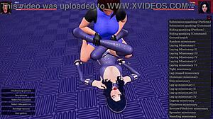 Femdom lesbian scene with dominant woman controlling submissive partner in intense action and power play