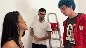 this naughty client teased until her pussy and ass got fucked by two hung brazilians