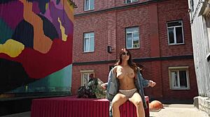 Babe Flashes Shaved Pussy on Public Street