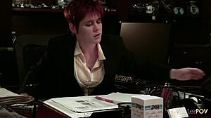 RUDE REDHEAD BOSS RAMS submissive lesbian with strapon