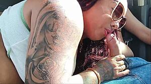 Brazilian pornstar plays with giant cock in the car. On public road for outdoor fun!