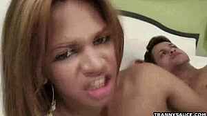 Blonde shemale babe gets fucked hard bareback in anal.