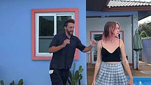 Caressing dirty socks on bound blonde outdoors.