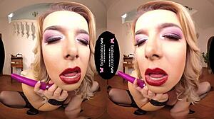 nikky dream masturbates her shaved pussy in vr, blonde milf solo