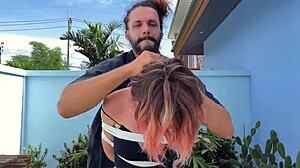 Caressing dirty socks on bound blonde outdoors.