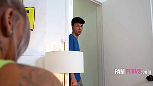 curvy babe wants to see what stepbro was measuring, then rides his big cock