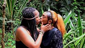 Cute african lesbian couple romantic giggling before going down on each others pussies