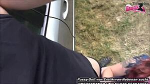 German housewife swallows monster cock outdoors by the car 😈