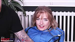 Curious British blonde student nurse teased by a wild fucking machine