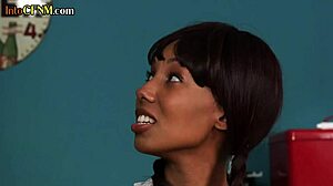 Ebony babe in CFNM gives group handjob to men with other babes in the kitchen