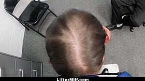 Security Officer Fucks Shoplifting MILF in Garage with Husband Watching