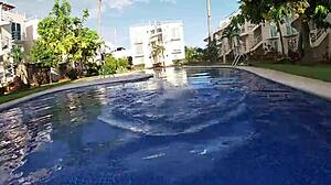 pool fun leads to passionate riding and creampie with big tits