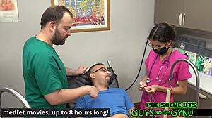 Angel ramiraz spreads shaved pussy for cum extraction in latex clinic.