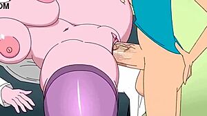 In Adventure Time, Princess Bubblegum has sex with Finn using science. Big tits and monster cock make it wild