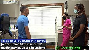 Angel ramiraz spreads shaved pussy for cum extraction in latex clinic.