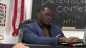 petite teen sucks big black cock under desk in interracial fucking