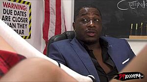 petite teen sucks big black cock under desk in interracial fucking