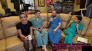 hey, channy crossfire is getting a dental checkup backstage, looking hot in latex with gloves and tattoos