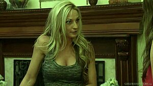 jorden kennedy and the cheerleader coach licking each other in girl on girl action.