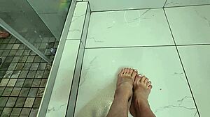 Wow, sexy milf teases huge cock with bare feet and toes close up!