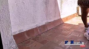 She's fucking on the terrace with Victor Bloom, that cute blonde babe