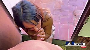 She's fucking on the terrace with Victor Bloom, that cute blonde babe