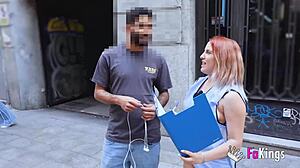 this dirty spanish babe in madrid teases guys during a sexy survey, flashing her small tits and getting fucked doggystyle outdoors.