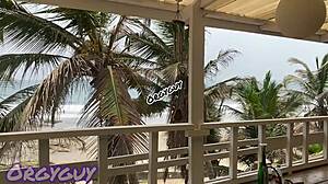 Ebony wife flashing pussy at beach house