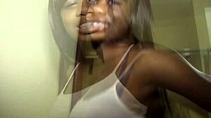 Petite ebony girl sucks monster cock, strips, and gets clothes ripped during rough fucking