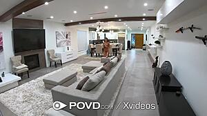 This POV shows a giant dildo loosening her wet pussy for big dick pounding.