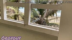 Ebony wife flashing pussy at beach house