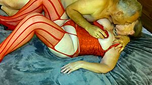 Granny Carmen, Lady in Red, Rides Black Dildo Hard to Explosive Finish