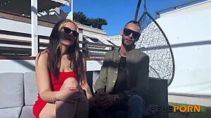 Hey, this couple's fantasy involves a redhead with big tits getting double cock in cowgirl.