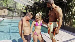 Petite Slut Cheerleader Kait Gets Slutted Out By Pool Interracial Threesome