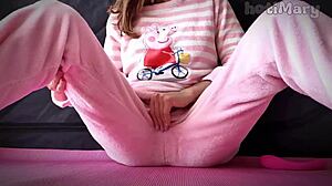 Check out this petite Asian teen in pajamas squirting while masturbating her pussy up close 😍