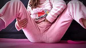 Check out this petite Asian teen in pajamas squirting while masturbating her pussy up close 😍