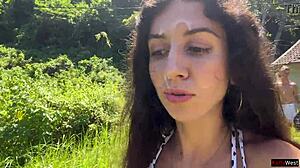 Walking with hot cum dripping on my face at crowded public beach! 🌊