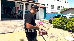 Wow! Blonde Wife Fucks Pool Cleaner Outdoors After Husband Leaves!