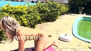 Wow! Blonde Wife Fucks Pool Cleaner Outdoors After Husband Leaves!