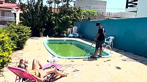 Wow! Blonde Wife Fucks Pool Cleaner Outdoors After Husband Leaves!