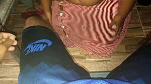 Chubby BBW Sucks Cock Under Table, Cumshot on Big Tits