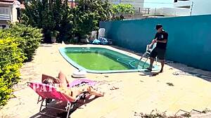 Wow! Blonde Wife Fucks Pool Cleaner Outdoors After Husband Leaves!