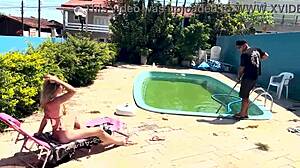 Wow! Blonde Wife Fucks Pool Cleaner Outdoors After Husband Leaves!