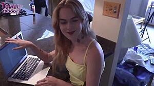 blonde sage fox fucks her stepdad while mom's away, mr brogan creampies her juicy pussy