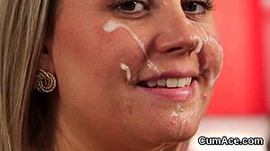 Sexy Centerfold Gets Cumshot on Her Face Eating All the Load