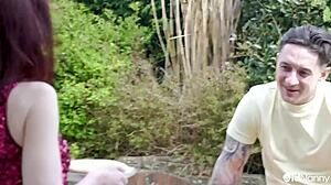 scarlet louis, the mature teacher, bends over in a hardcore session with a young skinny student for handjob, blowjob, and tit play