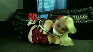 Hogtied blonde gets choked and gagged in heels 😈